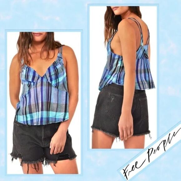 NEW Free People Plaid Cotton Crop Top in Navy Combo Size M - Picture 1 of 10